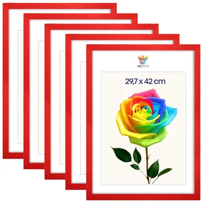 Produktbild von MG Design 5er Set Bilderrahmen Rot A3 29,7x42 cm - Posterrahmen Echtholz mit Acrylglas, stabile Wandaufhängung, hoch/quer