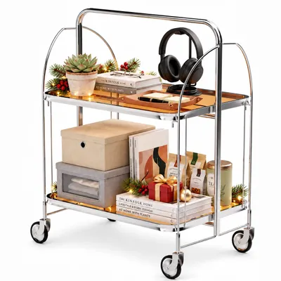 Productafbeelding van Roestvrijstalen servicekar met 2 glazen plateaus, 68 x 40 x 80 cm, inklapbare keukentrolley met wielen, geschikt voor horeca, restaurants en hotels
