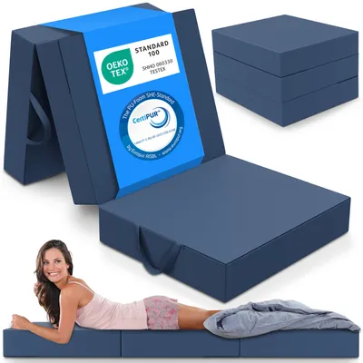 Produktbild von Materac składany ELONEO, materac gościnny, 3-częściowy materac składany, pianka extra gruba (15 cm), zmywalny, kostka międzykręgowa, składany, materac składany, dorośli (niebieski, 90 x 200 x 15 cm)