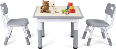 Produktbild von Eikuavons Kindertisch mit 2 Stühlen, höhenverstellbar, 60 x 60 cm, Grau Holzoptik