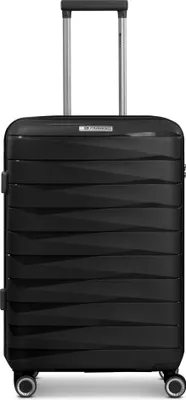 A black suitcase with a telescopic handle extended.