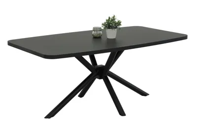 A dark gray rectangular dining table with a unique star-shaped black metal base, placed on a white background. A small potted plant and a glass jar are on the table.