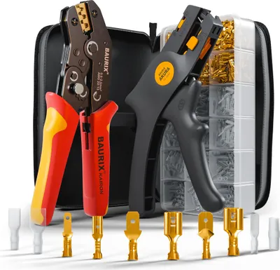 Produktbild von BAURIX® Crimpzange inkl. 300 Stück Flachsteckhülsen Set und Abisolierzange I Krimpzange für 0,50-2,50 mm² Steckverbinder I Crimpzangen Tool