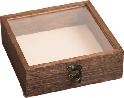 A close-up, slightly angled shot of an open, shallow wooden display box with a clear glass lid.