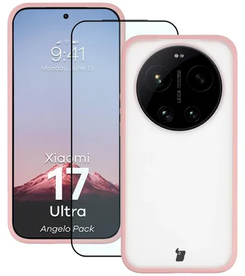 Produktbild von Schutzhülle + gehärtetem Glas für Xiaomi 17 Ultra, Bizon Angelo Pack, Semitransparent mit hellrosem Rahmen