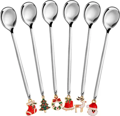 Produktbild von AXspeed Weihnachtslöffel, 6-teiliges Edelstahl-Löffel-Kochset mit Weihnachtsanhänger, Kaffee-Rührlöffel, Teelöffel, Dessertlöffel, mit Geschenkverpackung