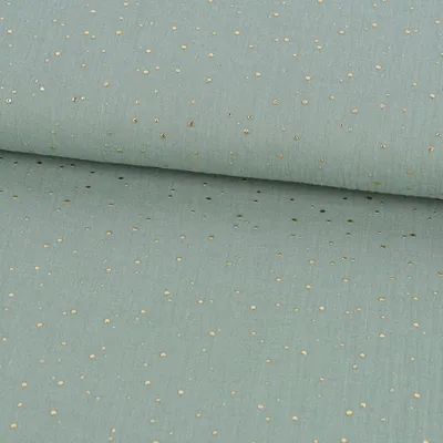 Produktbild von Musselin Stoff Meterware Baumwolle Punkte dunkel mint gold 140cm