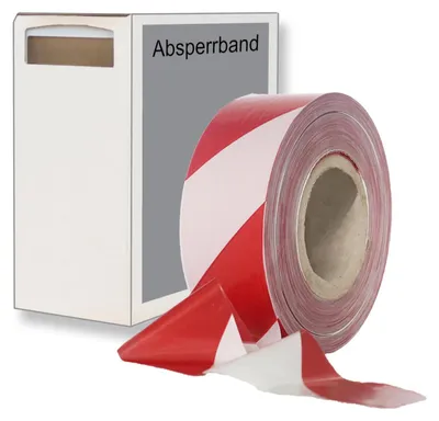 Produktbild von 1x Absperrband rot weiß gestreift 25 my 75 mm breit 500 m 100 % Rezyklat im Spendekarton