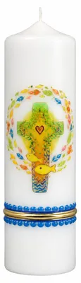 Produktbild von Taufkerze 25 x 7 cm mit Kreuz & Fische mit Name & Datum