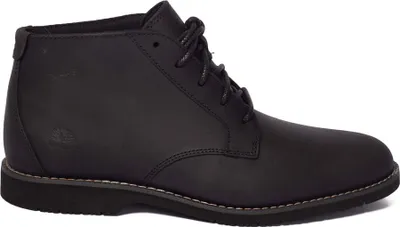 A black Timberland chukka boot is shown from the side against a white background.