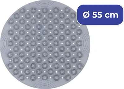 A round, gray shower mat with a textured surface, shown on a white background. A blue overlay in the top right corner displays the diameter of the mat.