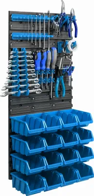 Obrázok produktu pre 16 stohovacích boxov Nástenná polica z plastu 39 x 78 cm Držiak na náradie Dielňa Garáž Skladovací systém Otvorené úložné boxy Žľab