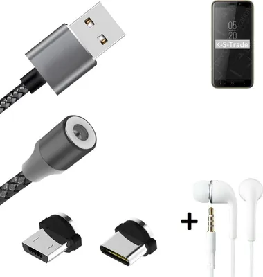 Produktbild von K-S-Trade® Hochwertiges Magnet-Lade-kabel Sync-Kabel Daten-Kabel + Kopfhörer für Doogee X50 mit USB-Typ-C-Anschluss und Micro-USB-Anschluss 2A bis