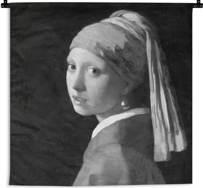 Produktbild von MuchoWow® Wandteppich Wandbehang Das Mädchen mit dem Perlenohrring - Gemälde von Johannes Vermeer - schwarz und weiß 150x150 cm Tapisserie Dekoration Wandtuch - Wohnaccessoires - Modernes