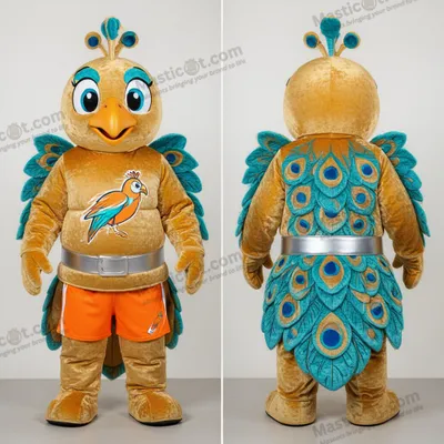 Produktbild von Goldener MASTICOT Pfauen-Maskottchen mit breiten Federn