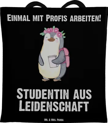 Produktbild von Mr. & Mrs. Panda Baumwollbeutel Studentin Leidenschaft - Schwarz - Geschenk, Shopping Tasche, Schultasche, Laptoptasche, Tote Bag, Stoffbeutel