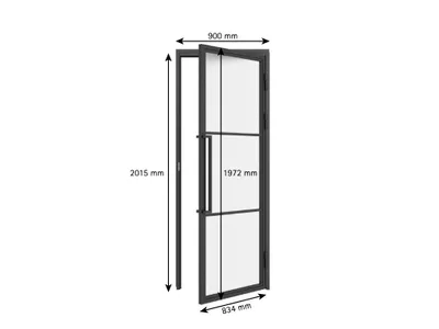 Produktbild von inova Loft-Glastür 834 x 1972 mm, DIN Rechts, 3 Felder satiniert, Stahlrahmen Schwarz, Komplettset mit Zarge und Griffstange