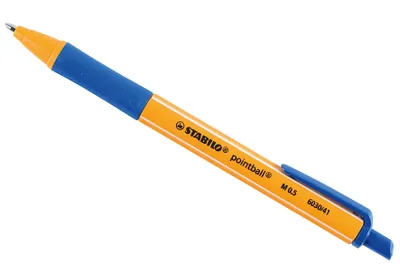 A single orange and blue pen is shown against a white background.