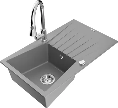 Produktbild von Mexen Cesar 1 Becken-Granitspüle mit Abtropffläche und Mischbatterie Elia, Grau - 6514-71-670101-00