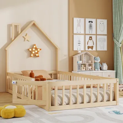 Produktbild von Flieks Kinderbett Hausbett 90x200cm mit Lattenrost, Bodenbett mit Rausfallschutz & Tür, Einzelbett Holzbett für Kinderzimmer, Spielbett Naturbelassen