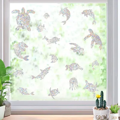 Produktbild von Fensteraufkleber mit Meeresschildkröten- und kleinen Fischmotiven, statisch haftend, gegen Vogelschlag schützend, Glaswarnaufkleber, verhindern Vogelschläge an Fenstern, 21er-Set