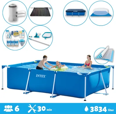 Produktbild von Intex-Schwimmbecken mit rechteckigem Rahmen – 300 x 200 x 75 cm – Blau – im Lieferumfang enthalten Abdeckung - Bodenplane - Filterpumpe für Schwimmbad - Solarmatte - Wartungspaket - Reinigungskit