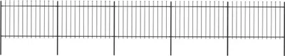 A black metal garden fence with vertical bars and horizontal supports.