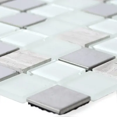 Produktbild von Glas Naturstein Edelstahl Mosaikfliesen Starcrest Weiß Silber Grau Selbstklebend