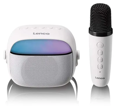 Image de Lenco BTC-020WH - Enceinte de karaoké compacte avec Bluetooth®, batterie rechargeable, microphone de karaoké sans fil et effets lumineux LED - Blanc