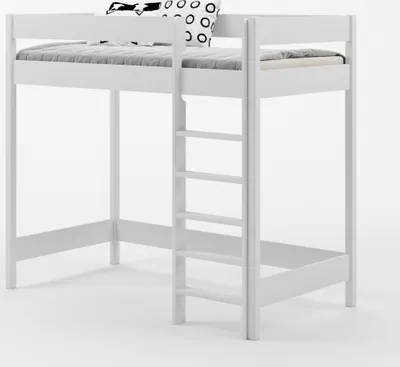 A white loft bed with a ladder and a mattress, set against a white background.