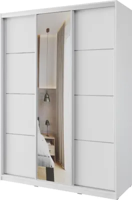 Obrázek produktu pro Šatní skříň NEJBY BARNABA 150 cm s posuvnými dveřmi, zrcadlem, 4 šuplíky a 2 šatními tyčemi, bílá