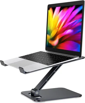 Image de Support pour ordinateur portable Unyqoos® – réglable en hauteur et pliable, en alliage d'aluminium, ergonomique et ventilé, compatible avec les ordinateurs portables de 10 à 16 pouces, compatible avec MacBook et Samsung, couleur noire, capacité jusqu'à 4 kg