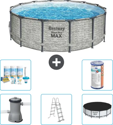 Produktbild von Bestway Round Steel Pro MAX Schwimmbad – Steindruck – 427 x 122 cm – inklusive Pumpe – Leiter – Abdeckung Wartungspaket - Filter
