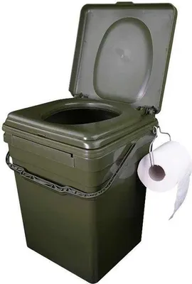 A portable toilet with a roll of toilet paper attached.