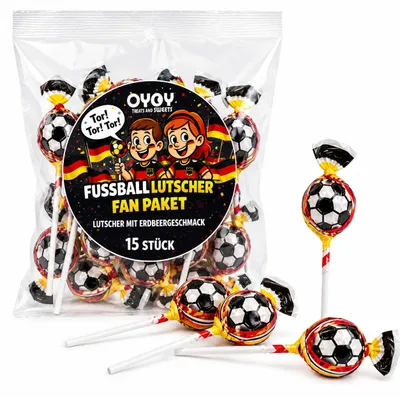 Produktbild von Süßigkeit OYOY Fußball-Lutscher mit Erdbeergeschmack – 15 Stück, 150 g (1 Beutel mit 15 Lutschern), für Fußballfans, Geburtstagsparty und Schultüte