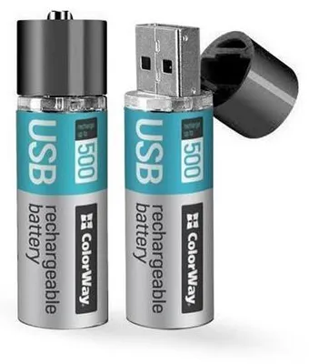 Two USB rechargeable batteries are shown against a white background. One battery has its cap off, revealing the USB connector.