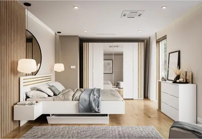 Image de Chambre complète FLORENCE – Lit 160x200 + sommier + tiroirs + armoire + commode – Blanc et chêne