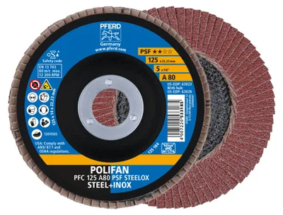 Produktbild von PFERD 67748125, Fächerscheibe, Edelstahl, Stahl, 12,5 cm, Jede Marke, Eingedrückte Mitte, 2,22 cm
