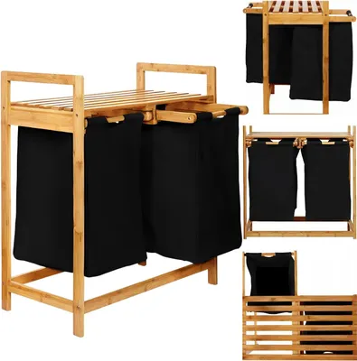 Produktbild von AD.CON Wäschekorb aus Bambus mit Zwei Wäschesack Badezimmerregal Badregal Wäschesortierer Bambusregal Wäschebox für Bad und Waschküche 74x63,5x33cm Schwarz