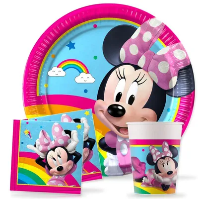 Produktbild von Minnie Mouse Rainbow Geburtstagsdeko, 52-teilig, Pappteller, Becher und Servietten für Kindergeburtstag, Partygeschirr Minnie Maus