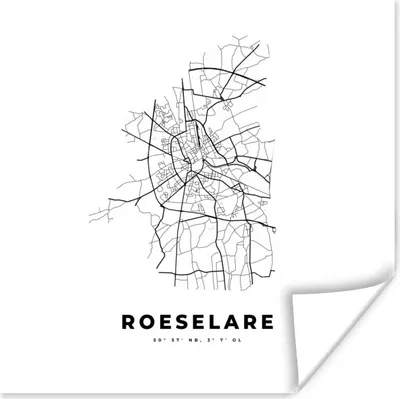 Produktbild von MuchoWow® Poster Karte - Stadtplan - Roeselare - Belgien - Schwarz und weiß 50x50 cm - Wohnzimmerdekoration