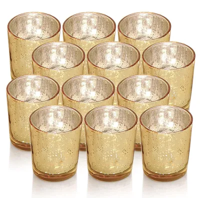 Image de Ensemble de 12 bougeoirs ronds dorés en verre miroir