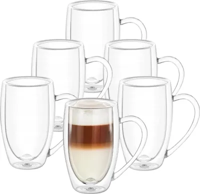 Produktbild von Wilmax doppelwandige Thermogläser mit Henkel | 6er Set | 300 ml | Kaffeegläser | Latte Macchiato Gläser Set | Cappuccinogläser | Teegläser | Gläser