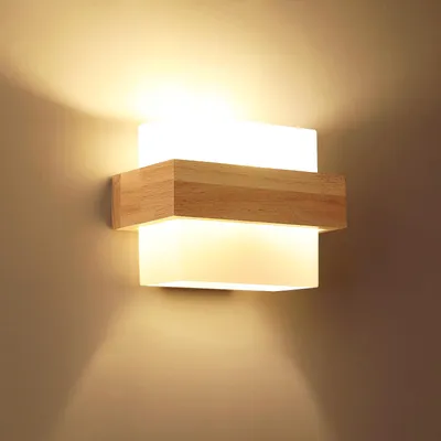Produktbild von Comely Holz Wandleuchte Innen Vintage Wandlampe mit Glas Schirm, E27 – Typ C: Holzfarbe