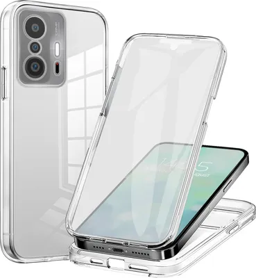 A clear protective phone case is shown, with one part of the case disassembled to reveal a smartphone inside.