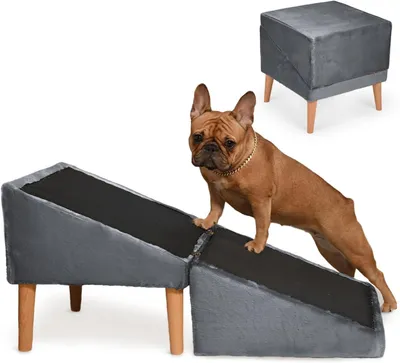 Produktbild von VELORA H&L Hunderampe Dunkelgrau - 2in1 Hundetreppe und Sitzhocker, Klappbare Einstiegshilfe für Sofa und Bett, Stabile Holzkonstruktion mit Veloursbezug, rutschfeste Lauffläche für Hunde und Katzen