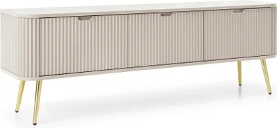 Image de Meuble TV à lamelles Gerly - Meuble TV 170 cm sur pieds, loft, façades striées, 3 portes (beige / or)
