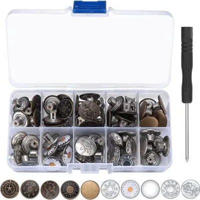 Produktbild von 50 Stück Jeans-Knopfnadeln, 17 mm Jeansknöpfe aus Metall, Ersatz für Jeansknöpfe ohne Nähen, verstellbare, abnehmbare Sofortclips, Druckknöpfe für Jeanshosen, mit Schraubendreher, 10 Stile