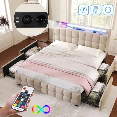 A bedroom scene featuring a bed with storage drawers and LED lighting, with a remote control in the foreground.