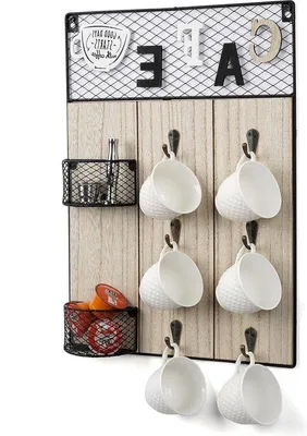 Produktbild von Famanu Wandhalterung für Tassen mit 6 Haken und 2 Körben - Kaffeekapsel-Organizer im Landhausstil